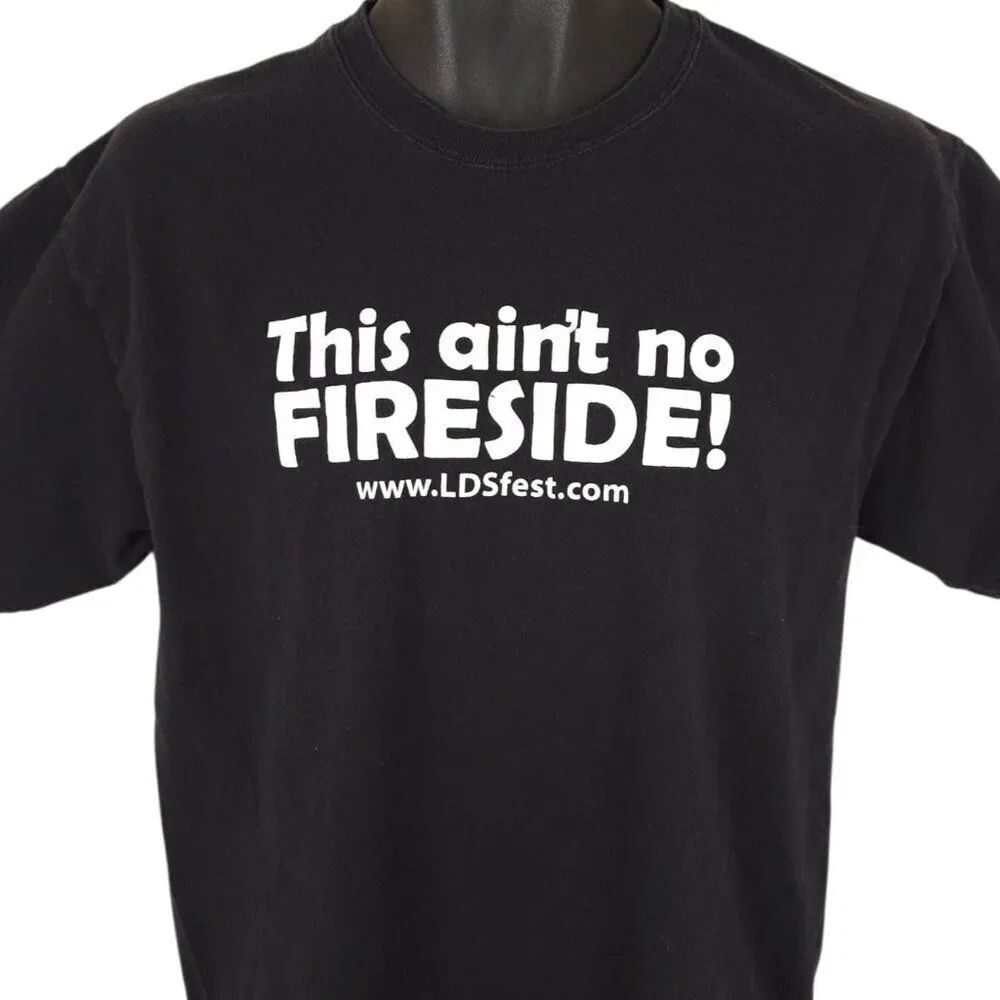 Vintage LDS Fest T Shirt Mens Size Medium Black 90s This Aint No Fireside Mormon